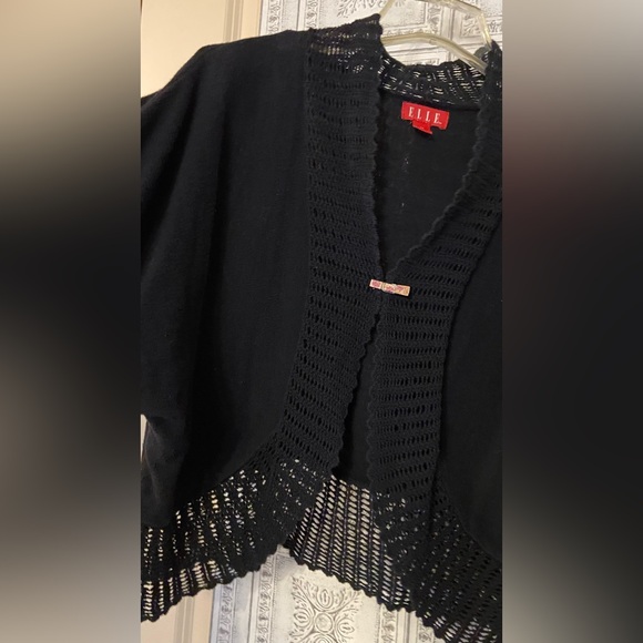 Elle Sz-M Black Cardigan/Shrug- Open Knit Stitching Around Edge/Hem, 3/4 Sleeves - Picture 16 of 16